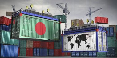Bangladeş bayrakları ve kargo konteynerlerinin dünya haritaları - uluslararası ticaret konsepti - 3D illüstrasyon