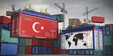 Türkiye bayrakları ve kargo konteynerlerine ilişkin dünya haritası - uluslararası ticaret kavramı - 3D illüstrasyon