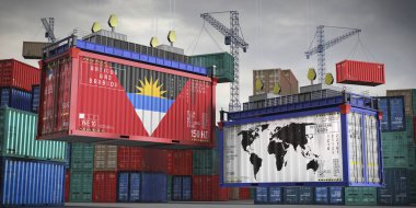 Antigua ve Barbuda bayrakları ve kargo konteynerlerinin dünya haritası - uluslararası ticaret konsepti - 3D illüstrasyon