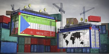Ekvator Ginesi bayrakları ve kargo konteynerlerinin dünya haritası - uluslararası ticaret konsepti - 3D illüstrasyon