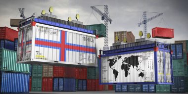 Faroe Adaları bayrakları ve kargo konteynerlerindeki dünya haritaları - uluslararası ticaret konsepti - 3D illüstrasyon