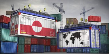 Grönland bayrakları ve kargo konteynerlerinin dünya haritaları - uluslararası ticaret konsepti - 3D illüstrasyon