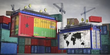 Gine Bissau bayrakları ve kargo konteynerlerinin dünya haritası - uluslararası ticaret konsepti - 3D illüstrasyon