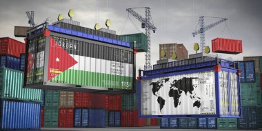 Ürdün bayrakları ve kargo konteynerlerinin dünya haritası - uluslararası ticaret konsepti - 3D illüstrasyon