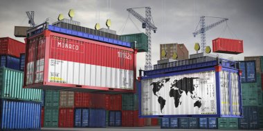 Monako bayrakları ve kargo konteynerlerinin dünya haritası - uluslararası ticaret konsepti - 3D illüstrasyon