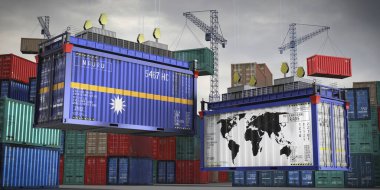 Nauru bayrakları ve kargo konteynerlerinin dünya haritaları - uluslararası ticaret konsepti - 3D illüstrasyon