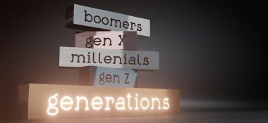 Jenerasyon konsepti - blok şekilleri ve parlaklık efekti - 3B illüstrasyon