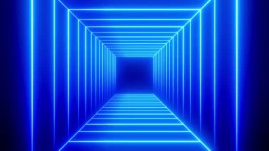 Kare şeklinde mavi neon ışıklı tünel - 3D 4k animasyon (3840x2160px)