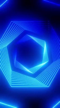 Altıgen şekilli mavi neon ışıklı tünel - 3D 4k dikey animasyon (2160 x 3840 px)