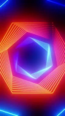 Altıgen şekilli mavi ve turuncu neon ışıklı tünel - 3D 4k dikey animasyon (2160 x 3840 px)
