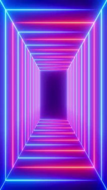 Dikdörtgen mavi ve turuncu neon ışıklı tünel - 3D 4k dikey animasyon (2160 x 3840 px)