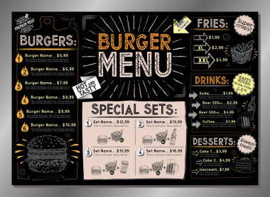 Klasik burger restoranının menü şablonu - A4 veya A3 masa kartı (hamburger, patates kızartması, tatlı, içecek, set)