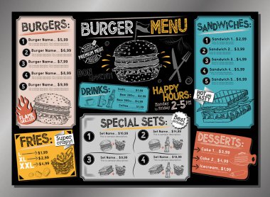 Klasik burger restoranının menü şablonu - A4 veya A3 masa kartı (hamburger, sandviç, patates kızartması, tatlı, içecek, set)