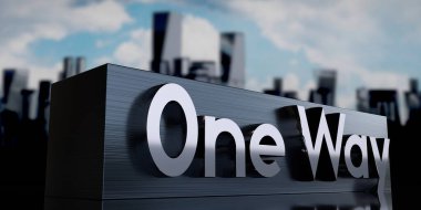 Tek yön - metal küboit ve gökdelenler - 3 boyutlu illüstrasyon