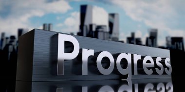 İlerleme - Metal küboit ve gökdelenler - 3D illüstrasyon