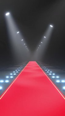 Kırmızı halı ve ışıklar - olay veya gösterim konsepti - 3D 4k dikey animasyon (2160x3840px)