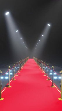 Kırmızı halı, halat ve ışıklarla bariyerler - konsepti göster - 3D 4k dikey animasyon (2160x3840px)