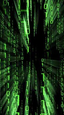 Yeşil ikili kod düşüyor - ışık ışınlı matris etkisi - 3D 4k dikey animasyon (2160 x 3840 px)
