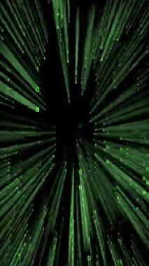 Yeşil ikili kod düşüyor - ışık ışınlı matris etkisi - 3D 4k dikey animasyon (2160 x 3840 px)