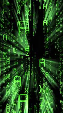 Matris biçimi yeşil harfler düşüyor, ışık ışınları - şifreleme konsepti - 3D 4k dikey animasyon (2160 x 3840 px)