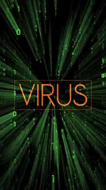 Arkaplanda matris biçimi ikili kodu olan virüs kelimesi - 3D 4k dikey animasyon (2160 x 3840 px)