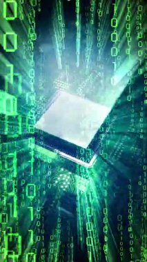 Bilgisayar işlemcisi matris biçimi ikili koduyla harmanlandı - dijital veri konsepti - 3D 4k dikey animasyon (2160 x 3840 px)