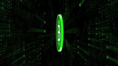 Arkaplanda dönen bitcoin, matris biçimi ikili kodu - 3840 x 2160 px)