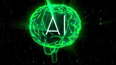 Dönen beyin, arka planda matris biçimi ikili kodu - Yapay zeka kavramı - 3D 4k animasyon (3840 x 2160 px)