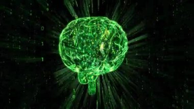 Dönen beyin, arka planda matris biçimi ikili kodu - Yapay zeka kavramı - 3D 4k animasyon (3840 x 2160 px)
