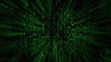 Yeşil matris biçimi ikili kod yanıp sönüyor ve düşüyor, ışık ışınları - 3840 x 2160 px)