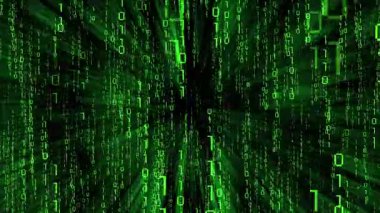 Yeşil matris biçimi ikili kod yanıp sönüyor ve düşüyor, ışık ışınları - 3840 x 2160 px)