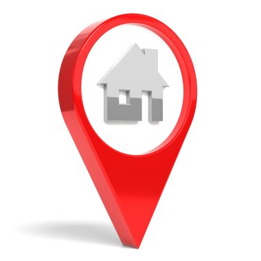 Beyaz arkaplanda izole edilmiş ev simgesine sahip konum broşu - 3B illüstrasyon