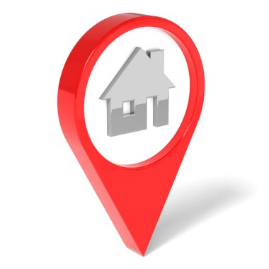 Beyaz arkaplanda izole edilmiş ev simgesine sahip konum broşu - 3B illüstrasyon