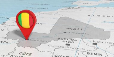 Mali, Bamako - siyasi haritada ulusal bayrak bulunan konum broşu - 3D illüstrasyon