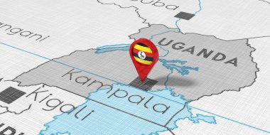 Uganda, Kampala - siyasi haritada ulusal bayrak bulunan konum broşu - 3D illüstrasyon
