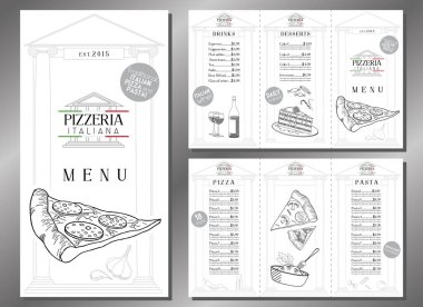 İtalyan pizza ve makarna menüsü - üç katlı broşür şürü - harf biçimi (8.5 x 11 inç) - vektör illüstrasyonu