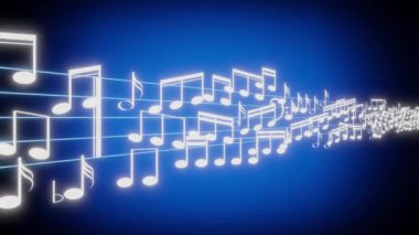 Müzik notaları mavi arka planda bir personel - 3D 4k animasyon (3840 x 2160 px). 