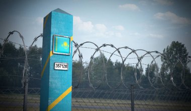 Kazakistan bayrağı taşıyan sınır karakolu - 3 boyutlu illüstrasyon