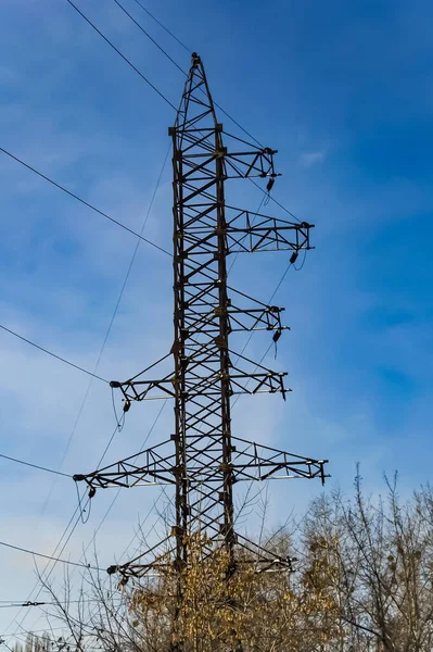 Πύργος Καλώδια Ηλεκτρικής Γραμμής Υψηλής Τάσης Γραμμή Μεταφοράς Ηλεκτρικής Ενέργειας — Φωτογραφία Αρχείου