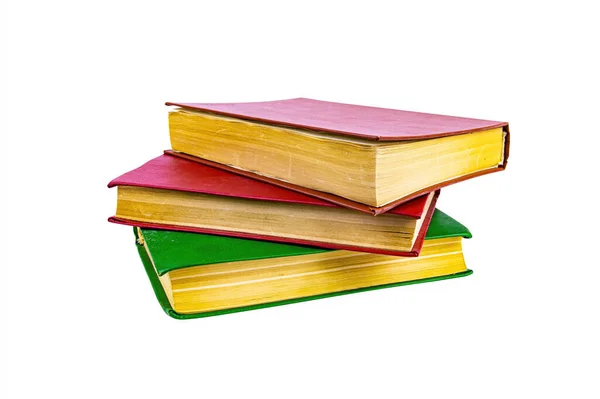 色のついた古い本の山 読書のための本 古い本だ 黄色の紙を予約する 白い背景に隔離されている 紙製品 文学を読む 背景画像 — ストック写真
