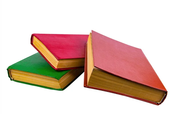 色のついた古い本の山 読書のための本 古い本だ 黄色い紙の本のページ 白地だ 紙製品 文学を読む 背景画像 — ストック写真