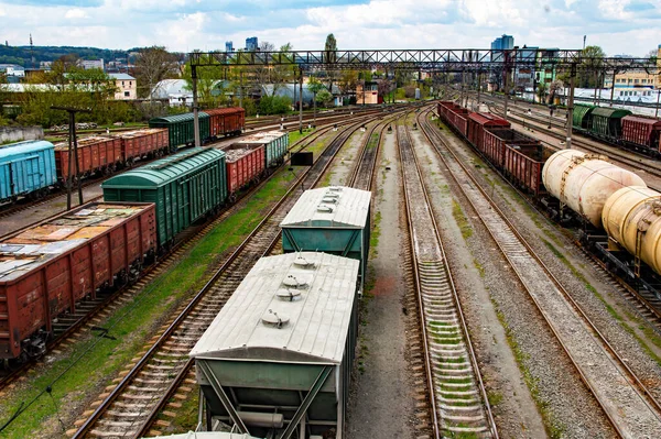Carruagens Comboio Para Transporte Mercadorias Nos Caminhos Ferro Transporte Ferroviário — Fotografia de Stock