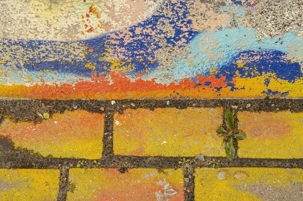 Texture Brick Wall Stains Old Blue Paint Yellow Brick Surrounding — Stock Photo, Image