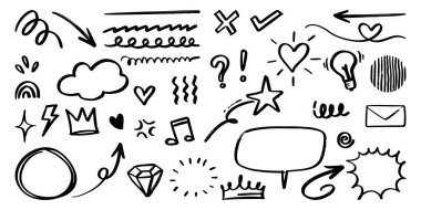 Beyaz arka planda izole edilmiş konsept tasarım için çizilmiş El karalama elementleri. vektör illüstrasyonu.