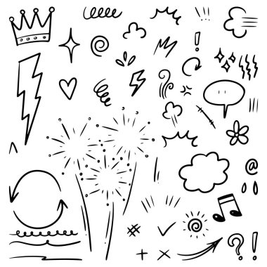 Beyaz arka planda izole edilmiş konsept tasarım için çizilmiş El karalama elementleri. vektör illüstrasyonu.