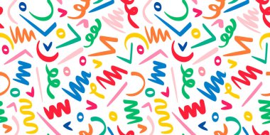 Çocuklar ya da moda tasarım için beyaz arkaplan üzerinde çizgi ve rengarenk şekillerin karalama çizim tarzı. Kusursuz desenli yaratıcı minimalist stil sanat arka planı.