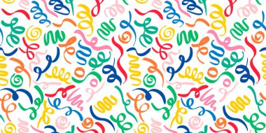 Çocuklar ya da moda tasarım için beyaz arkaplan üzerinde çizgi ve rengarenk şekillerin karalama çizim tarzı. Kusursuz desenli yaratıcı minimalist stil sanat arka planı.