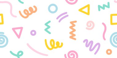 Çocuklar ya da moda tasarım için beyaz arkaplan üzerinde çizgi ve rengarenk şekillerin karalama çizim tarzı. Kusursuz desenli yaratıcı minimalist stil sanat arka planı.