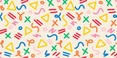 Renkli şekillerin karalama çizim stili ve konsept tasarım için beyaz arkaplan üzerinde çizgiler. Kusursuz desenli yaratıcı minimalist stil sanat arka planı.