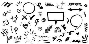 Beyaz arka planda izole edilmiş konsept tasarım için çizilmiş El karalama elementleri. vektör illüstrasyonu.